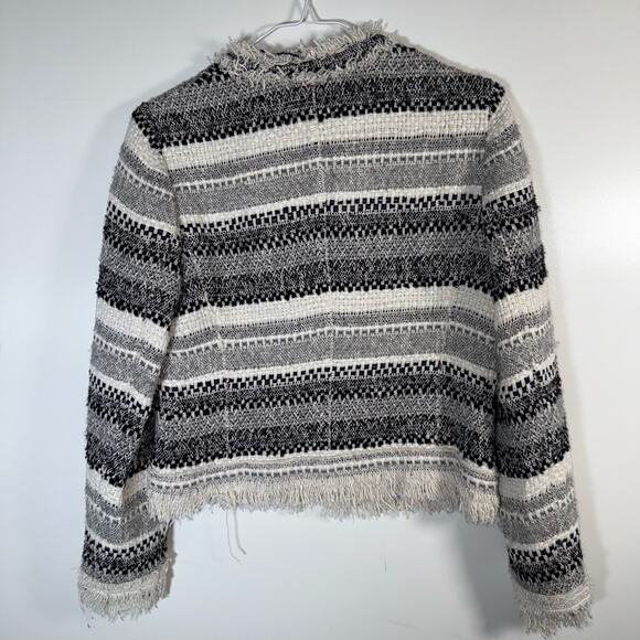 Rebecca Taylor Size 6 Fringe Tweed Jacket Black Gray White Bouclé Blazer cotton - Picture 3 of 13
